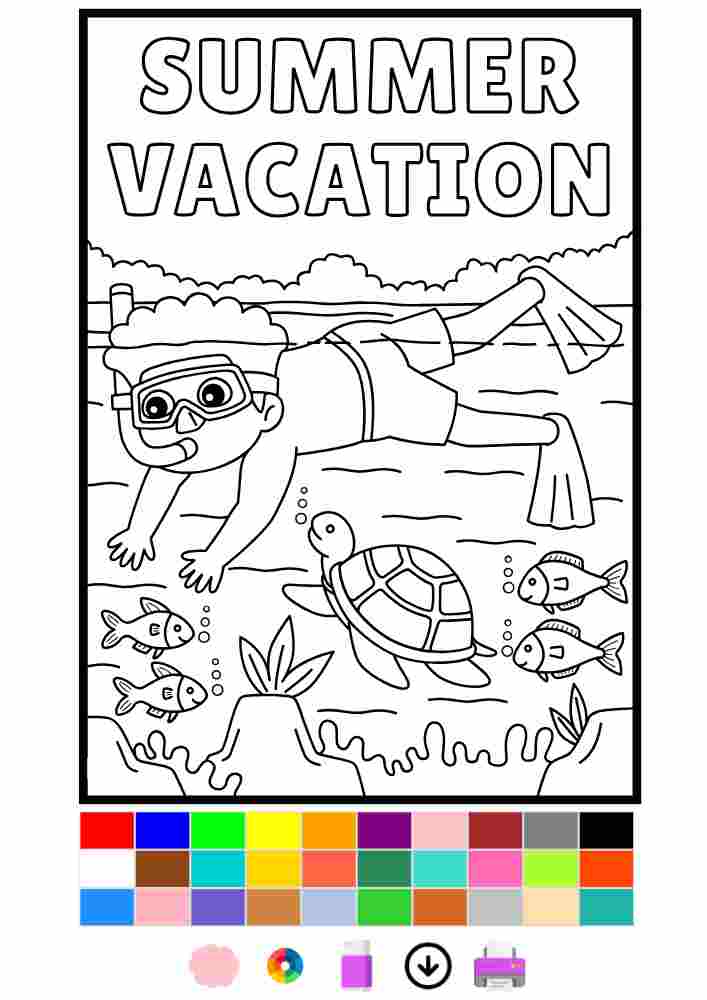 Summer Vacation. Boy Swimming Interactive Coloring Page. Color Online
